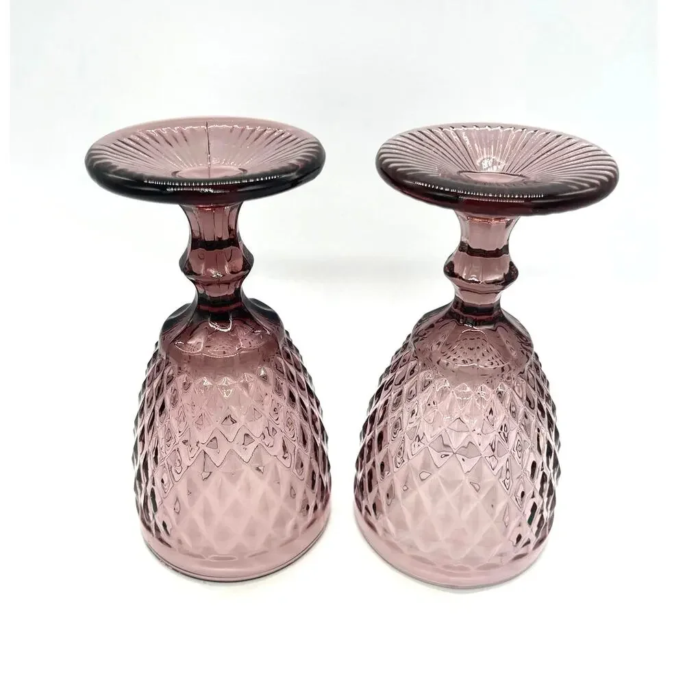Vintage Glass Diamond Pattern Stemmed Purple / Plum Set of 2 Water Goblets 6.75